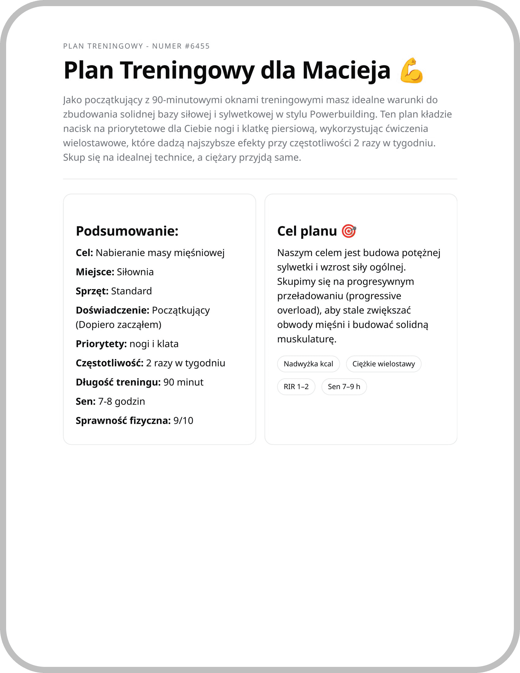 Przykładowa strona planu treningowego Muscly 1
