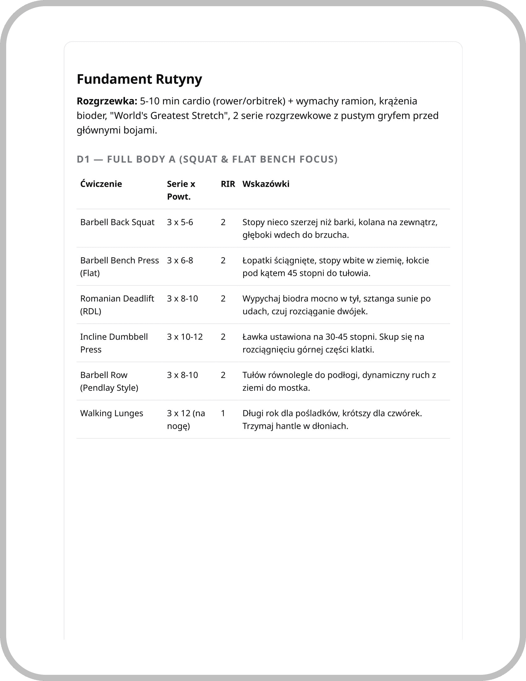 Przykładowa strona planu treningowego Muscly 3